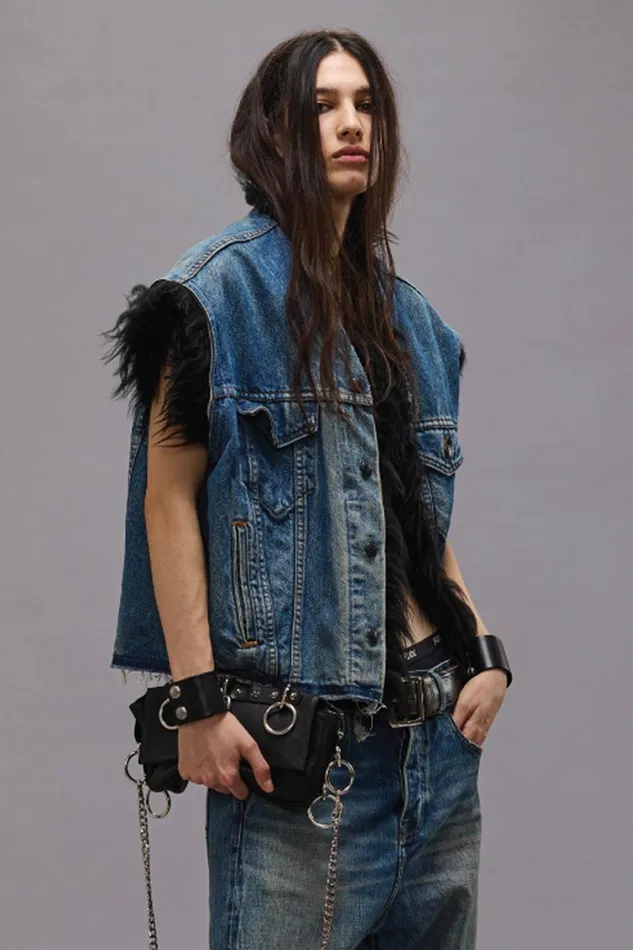 R13 Jackets and Coats Women FUR TRIMMED TRUCKER VEST 8211 STONED BLUE