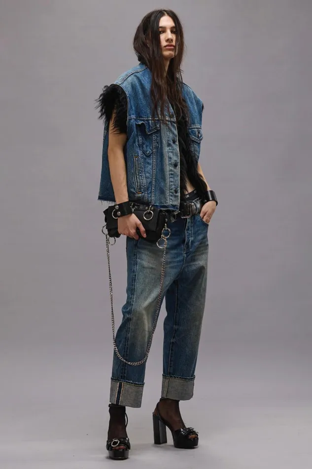 R13 Jackets and Coats Women FUR TRIMMED TRUCKER VEST 8211 STONED BLUE