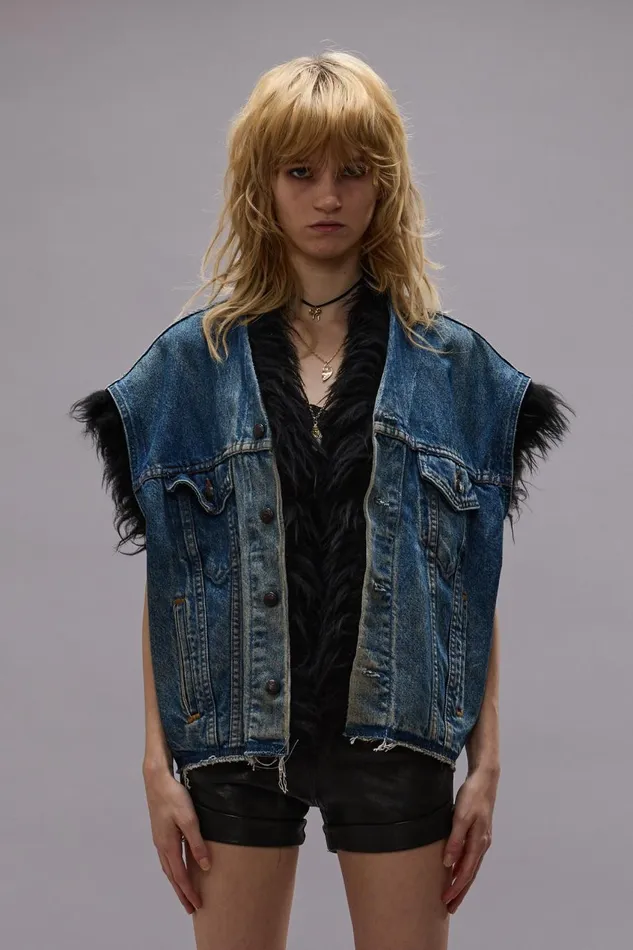 R13 Jackets and Coats Women FUR TRIMMED TRUCKER VEST 8211 STONED BLUE