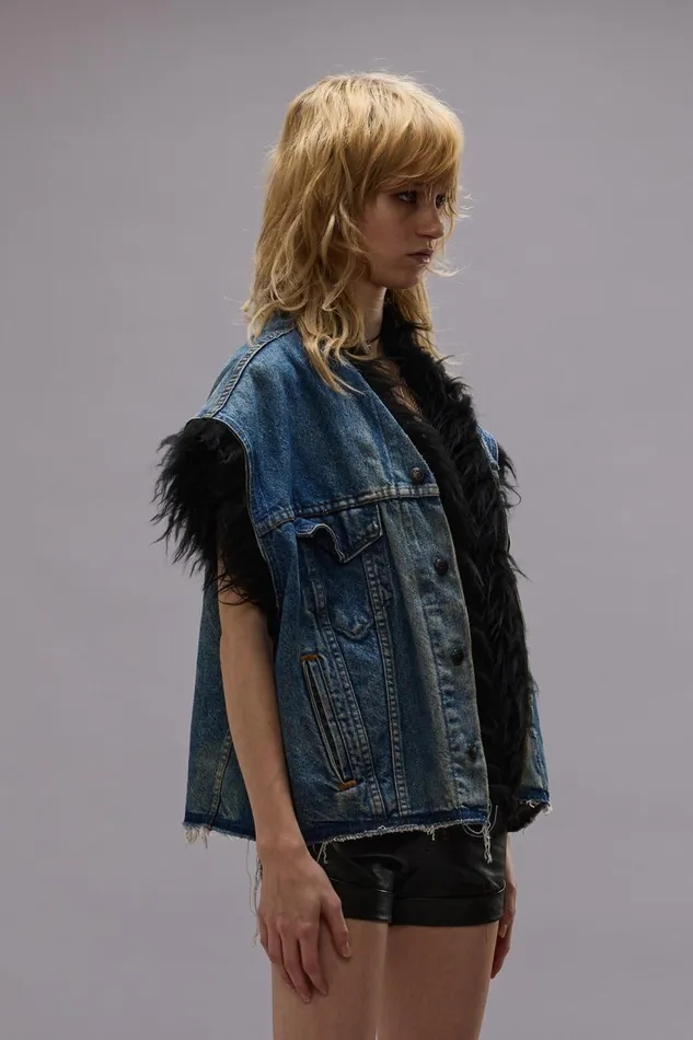 R13 Jackets and Coats Women FUR TRIMMED TRUCKER VEST 8211 STONED BLUE