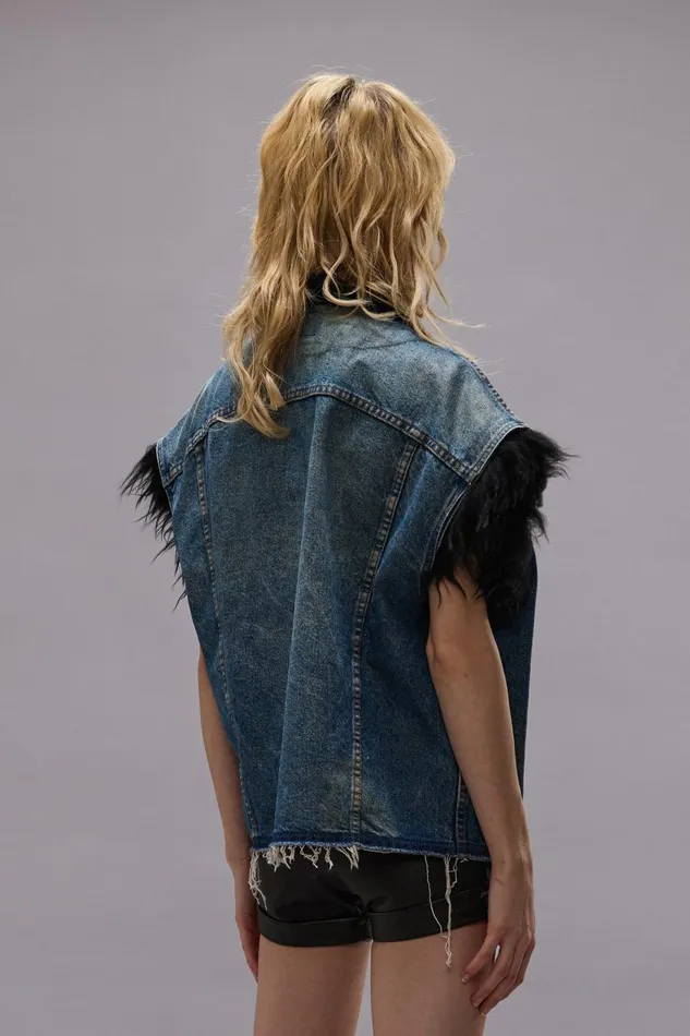 R13 Jackets and Coats Women FUR TRIMMED TRUCKER VEST 8211 STONED BLUE