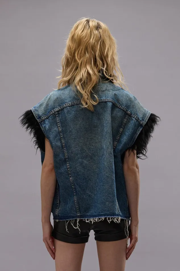 R13 Jackets and Coats Women FUR TRIMMED TRUCKER VEST 8211 STONED BLUE