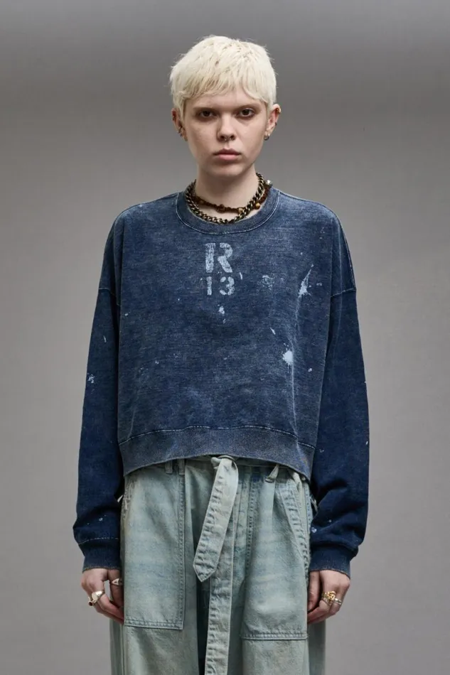 R13 Sale Women CROPPED R13 CREWNECK 8211 INDIGO BLUE
