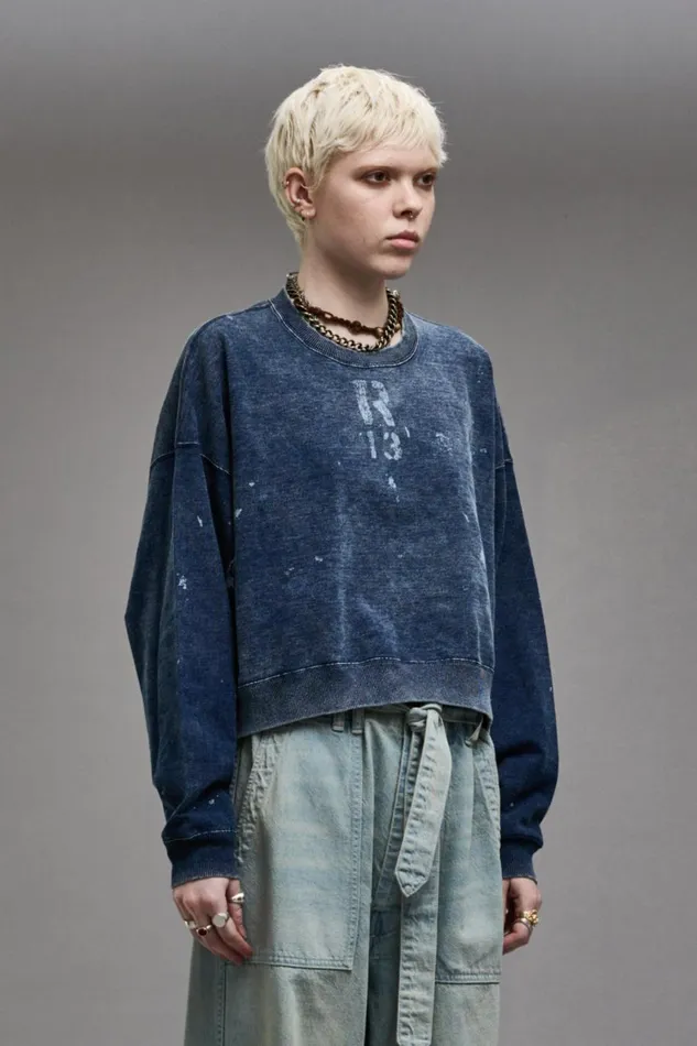 R13 Sale Women CROPPED R13 CREWNECK 8211 INDIGO BLUE