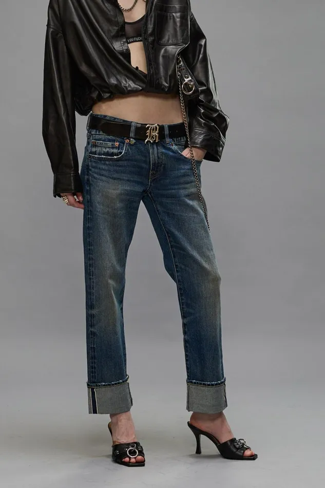 R13 Sale Women CUFFED BOY STRAIGHT JEANS 8211 CAPEL SELVEDGE BLUE