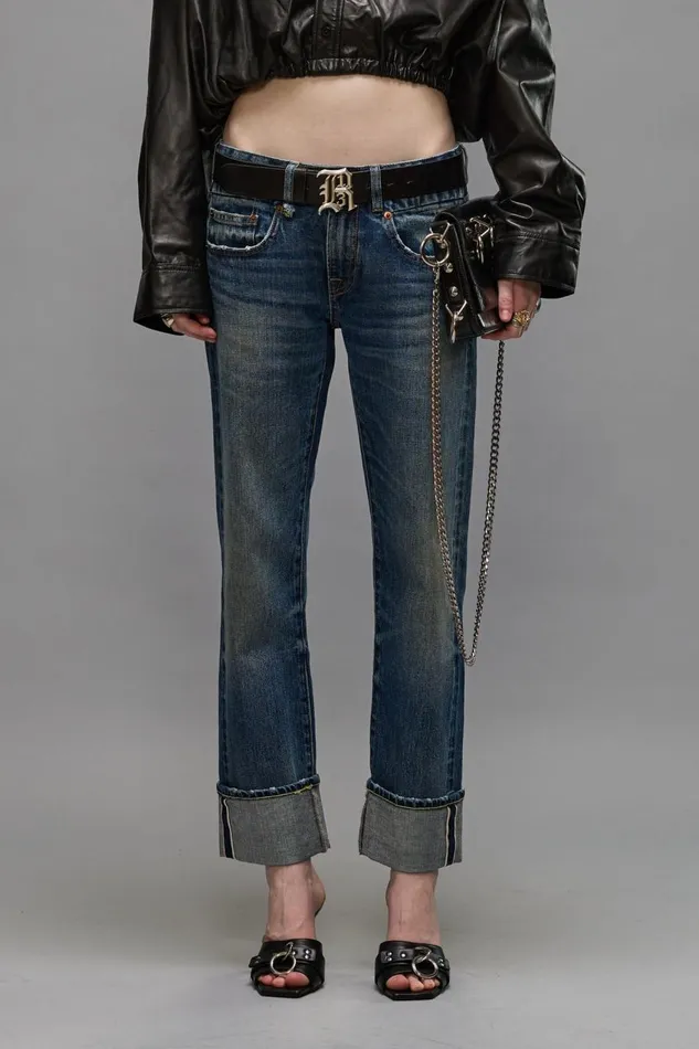 R13 Sale Women CUFFED BOY STRAIGHT JEANS 8211 CAPEL SELVEDGE BLUE