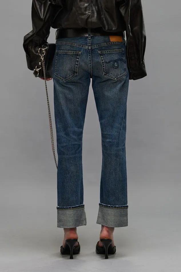 R13 Sale Women CUFFED BOY STRAIGHT JEANS 8211 CAPEL SELVEDGE BLUE