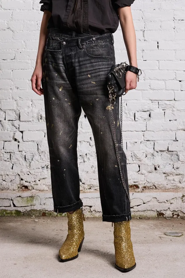 R13 Sale Women GOLD SPLATTER CROSSOVER JEAN 8211 ETON SELVEDGE BLACK