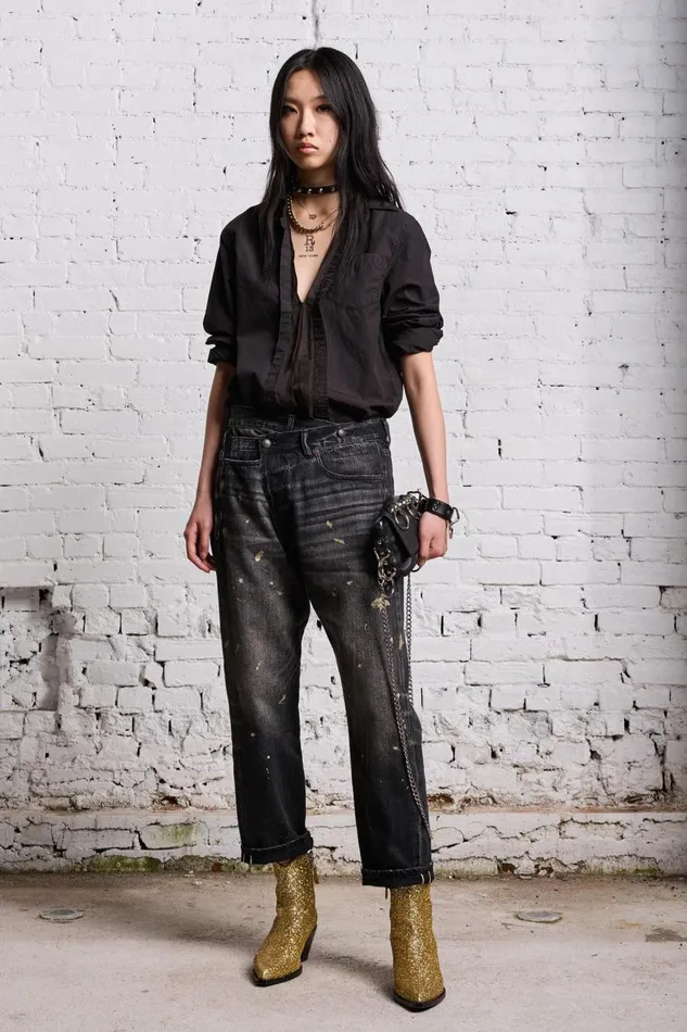 R13 Sale Women GOLD SPLATTER CROSSOVER JEAN 8211 ETON SELVEDGE BLACK
