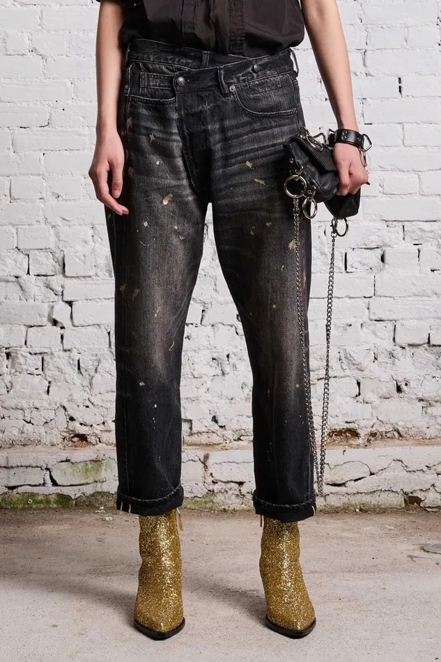 R13 Sale Women GOLD SPLATTER CROSSOVER JEAN 8211 ETON SELVEDGE BLACK