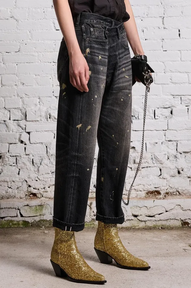 R13 Sale Women GOLD SPLATTER CROSSOVER JEAN 8211 ETON SELVEDGE BLACK