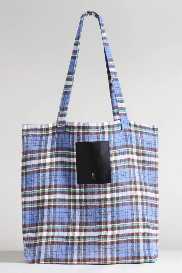 R13 Sale Women MEDIUM TOTE BAG 8211 BLUEGREEN PLAID