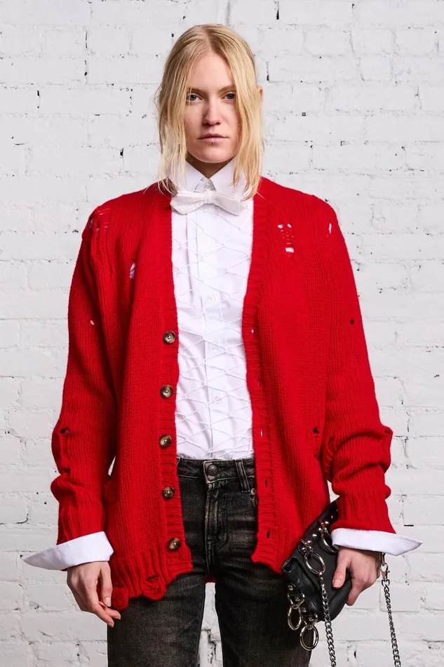 R13 Sale Women OVERSIZED DISTRESSED CARDIGAN 8211 RED CASHMERE