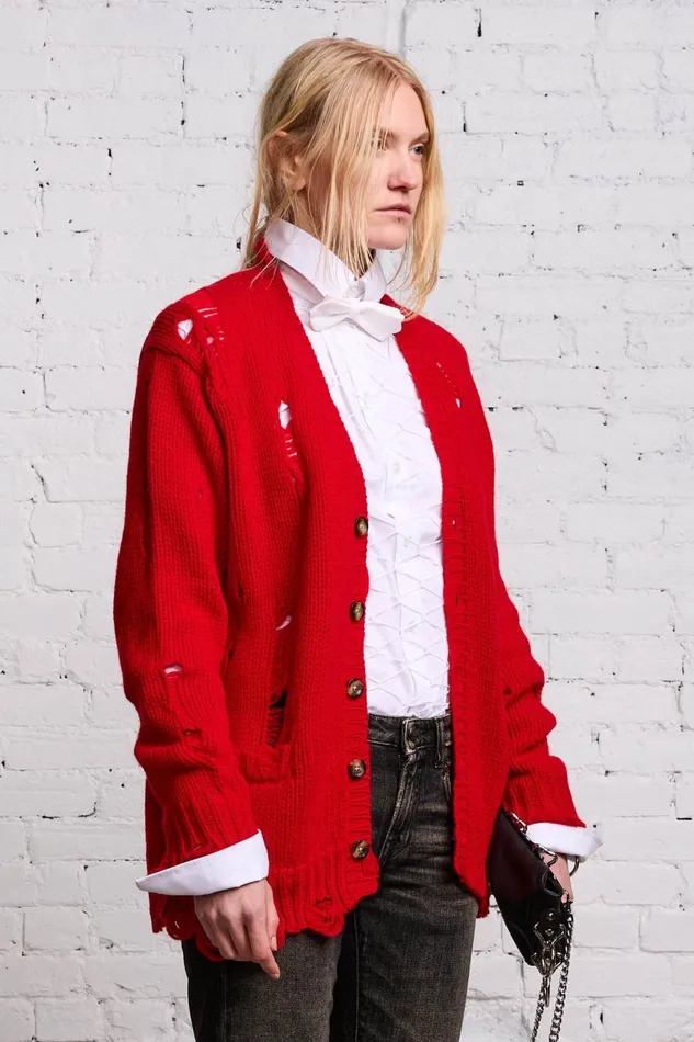 R13 Sale Women OVERSIZED DISTRESSED CARDIGAN 8211 RED CASHMERE