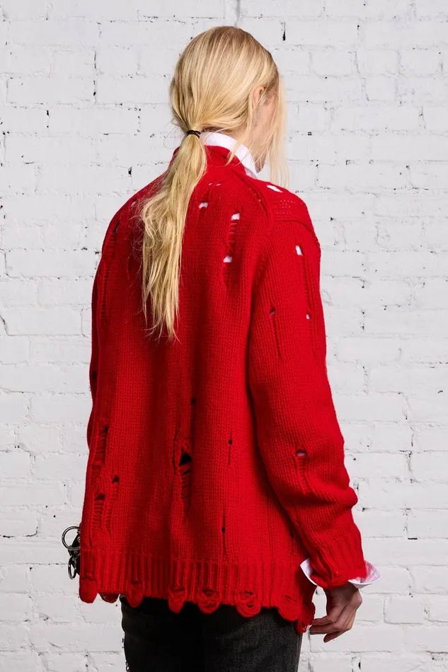 R13 Sale Women OVERSIZED DISTRESSED CARDIGAN 8211 RED CASHMERE