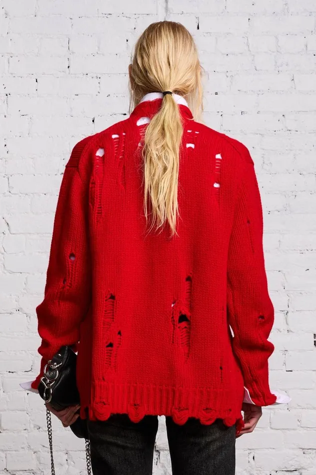 R13 Sale Women OVERSIZED DISTRESSED CARDIGAN 8211 RED CASHMERE