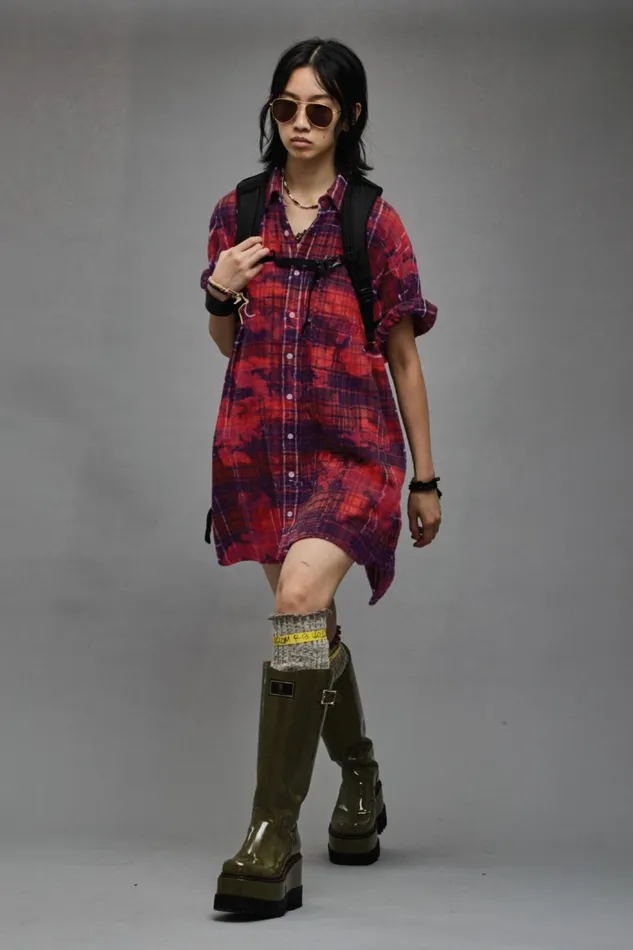 R13 Sale Women OVERSIZED RELAXED SHIRTDRESS 8211 DUSK RED PLAID