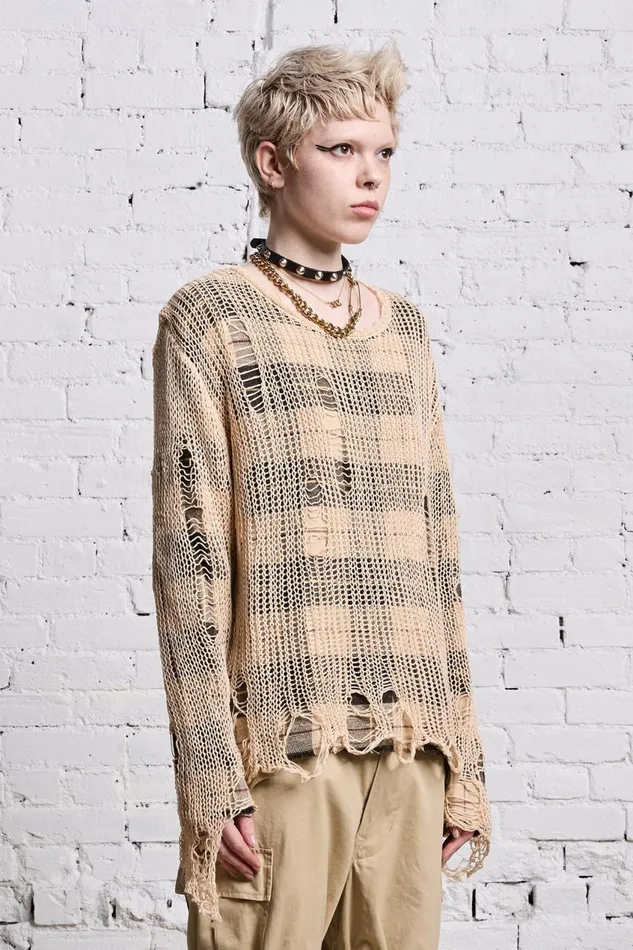 R13 Sale Women RELAXED OVERLAY CREWNECK 8211 CREAM AND BLACK PLAID