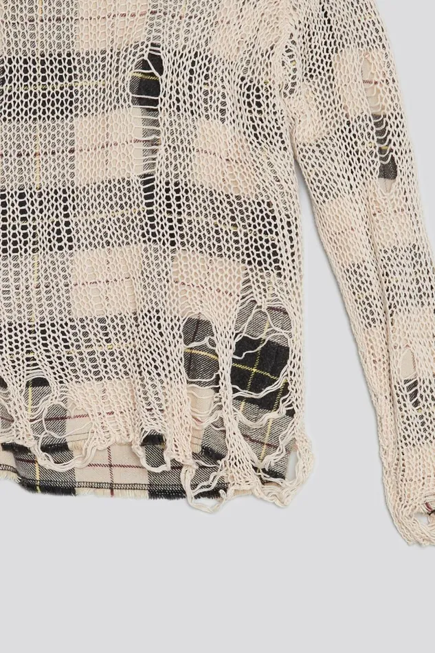 R13 Sale Women RELAXED OVERLAY CREWNECK 8211 CREAM AND BLACK PLAID
