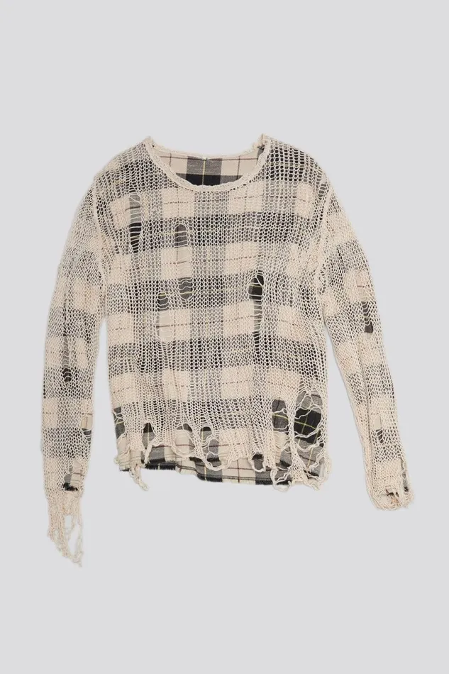 R13 Sale Women RELAXED OVERLAY CREWNECK 8211 CREAM AND BLACK PLAID