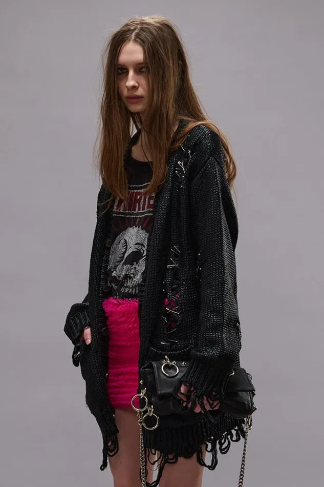 R13 Sweaters Women DISTRESSED BOYFRIEND CARDIGAN 8211 COATED BLACK