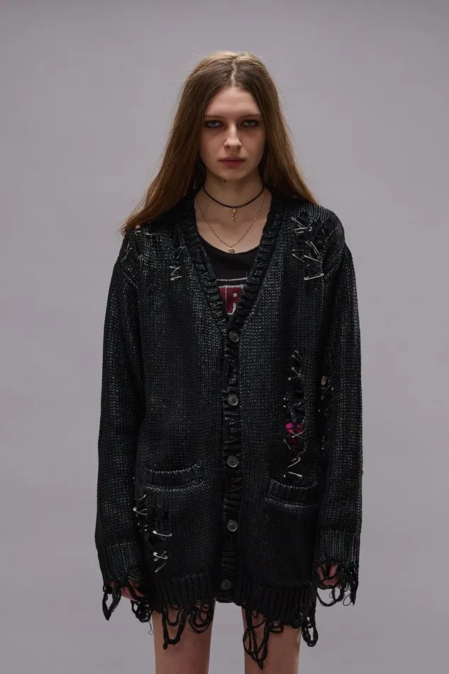 R13 Sweaters Women DISTRESSED BOYFRIEND CARDIGAN 8211 COATED BLACK