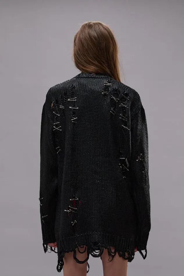 R13 Sweaters Women DISTRESSED BOYFRIEND CARDIGAN 8211 COATED BLACK