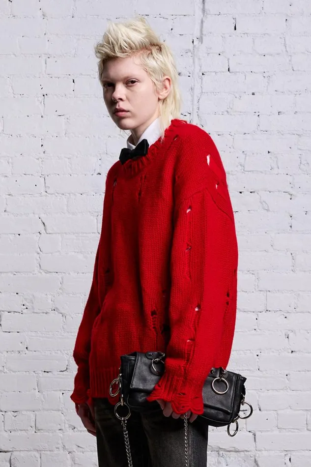 R13 Sweaters Women OVERSIZED DISTRESSED SWEATER 8211 RED CASHMERE