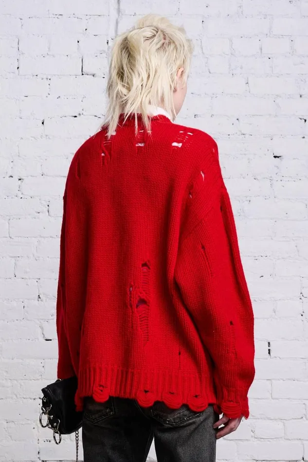 R13 Sweaters Women OVERSIZED DISTRESSED SWEATER 8211 RED CASHMERE