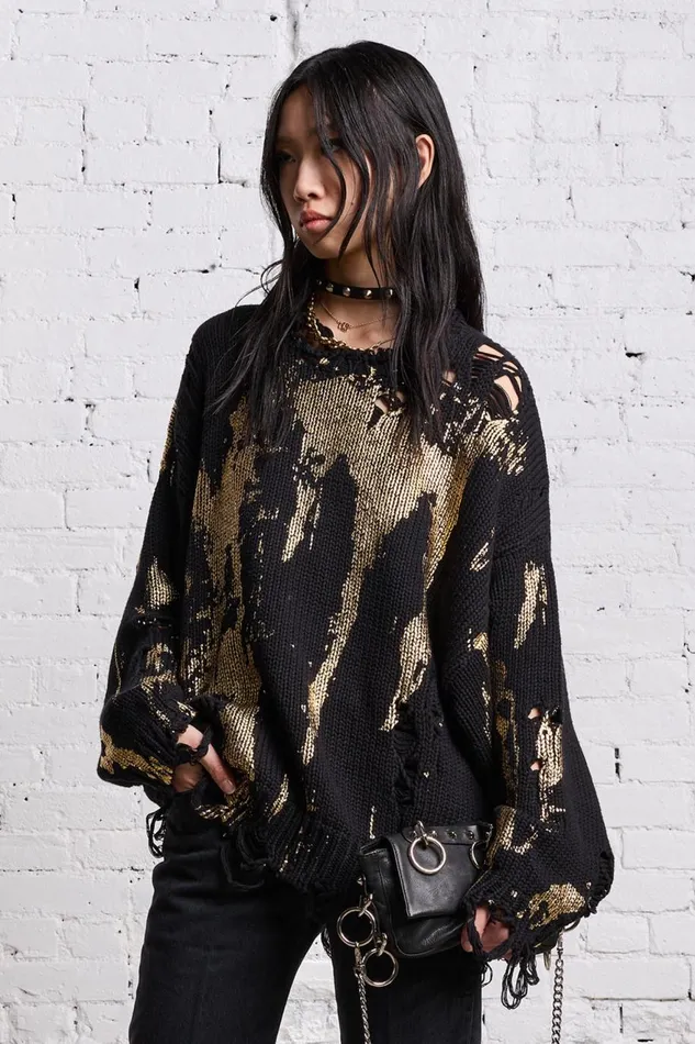 R13 Sweaters Women OVERSIZED SWEATER 8211 GOLD SPLATTERED BLACK
