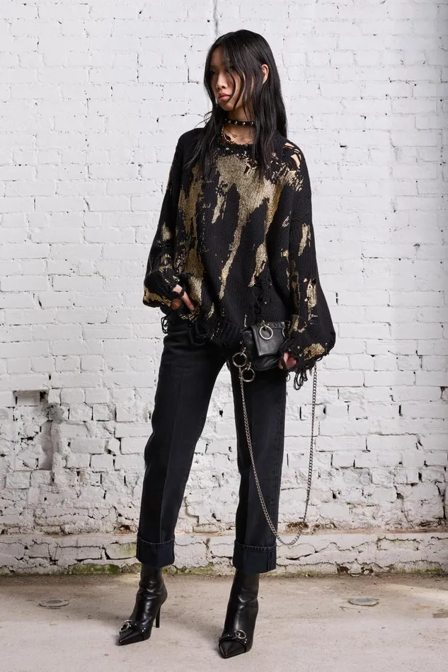 R13 Sweaters Women OVERSIZED SWEATER 8211 GOLD SPLATTERED BLACK
