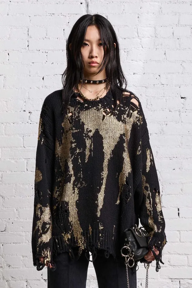 R13 Sweaters Women OVERSIZED SWEATER 8211 GOLD SPLATTERED BLACK
