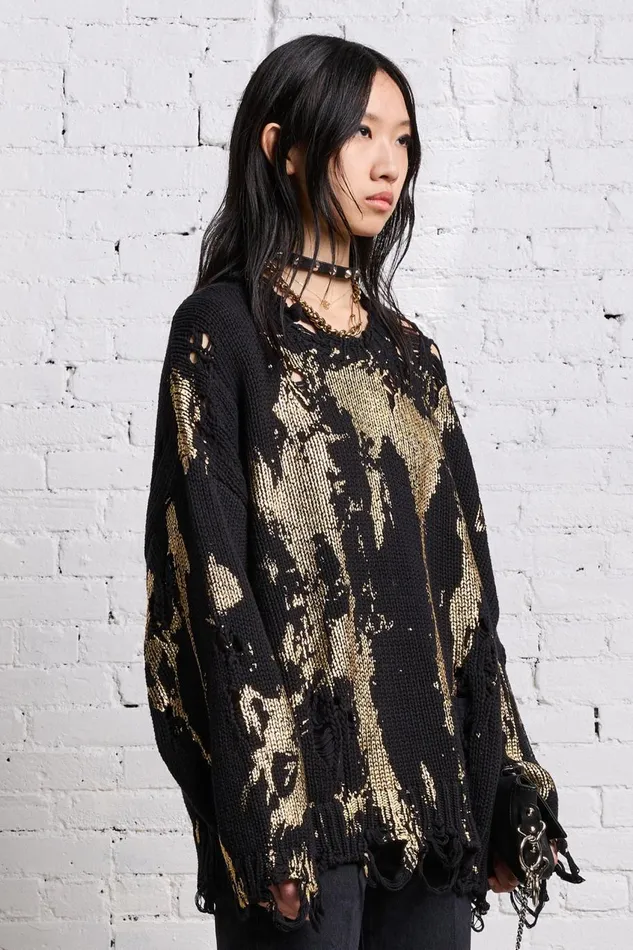 R13 Sweaters Women OVERSIZED SWEATER 8211 GOLD SPLATTERED BLACK