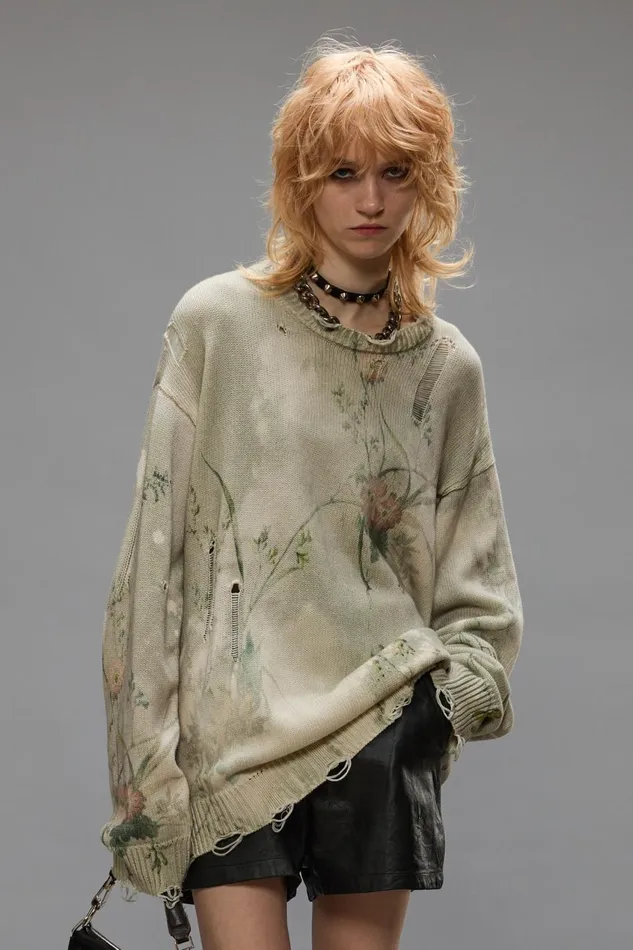R13 Sweaters Women PRINTED BOYFRIEND SWEATER 8211 BLEACHED CREAM FLORAL