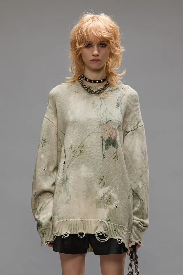R13 Sweaters Women PRINTED BOYFRIEND SWEATER 8211 BLEACHED CREAM FLORAL