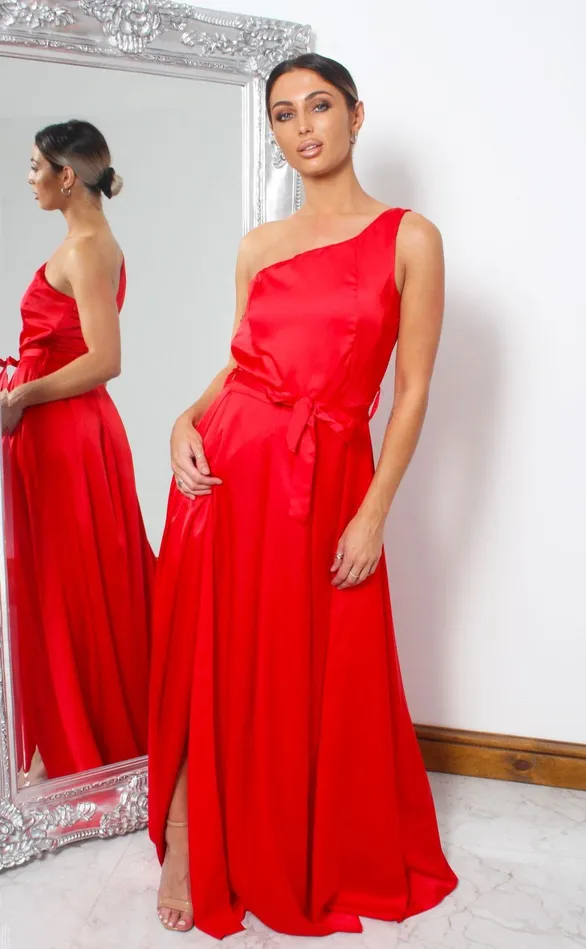 Red Satin One Shoulder Slit Maxi Women Missfiga Maxi Dresses