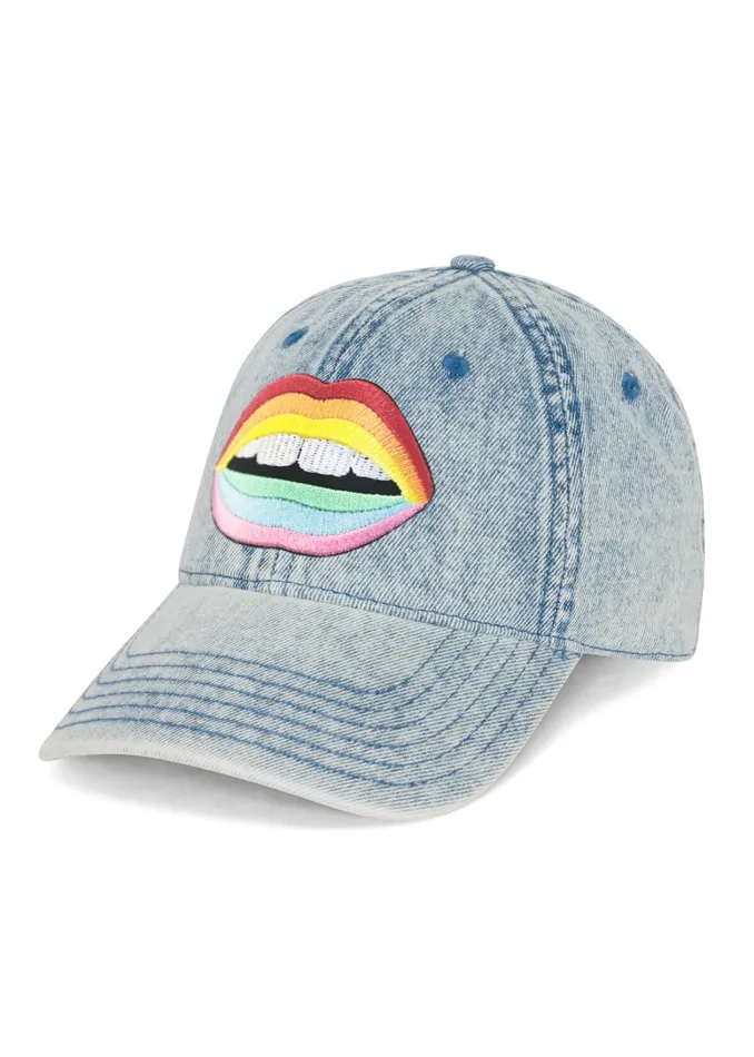 Reina Rainbow Mouth Patch Washed Denim Women039s Lauren Moshi Hats
