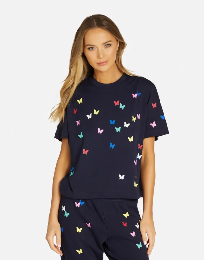 Rue Mini Butterflies Navy Women039s Lauren Moshi Short Sleeve