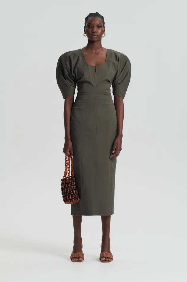 SATEEN COTTON TAILORED DRESS KHAKI Dresses Scanlan Theodore Women