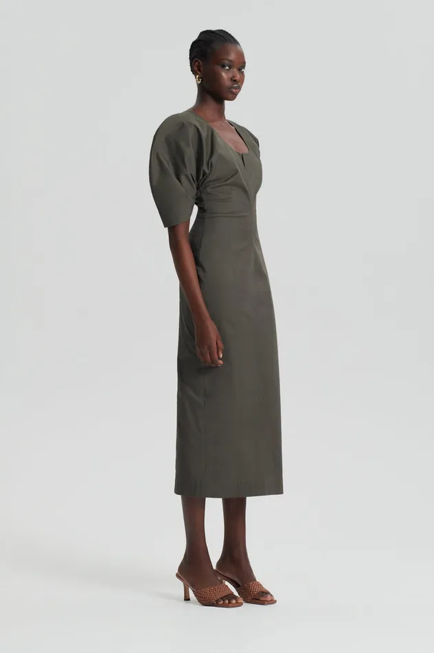SATEEN COTTON TAILORED DRESS KHAKI Dresses Scanlan Theodore Women SATEEN COTTON TAILORED DRESS KHAKI Dresses Scanlan Theodore Women