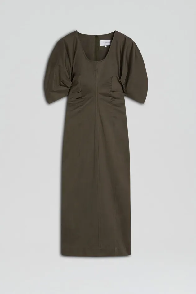 SATEEN COTTON TAILORED DRESS KHAKI Dresses Scanlan Theodore Women SATEEN COTTON TAILORED DRESS KHAKI Dresses Scanlan Theodore Women