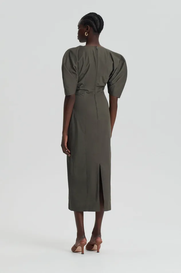 SATEEN COTTON TAILORED DRESS KHAKI Dresses Scanlan Theodore Women SATEEN COTTON TAILORED DRESS KHAKI Dresses Scanlan Theodore Women