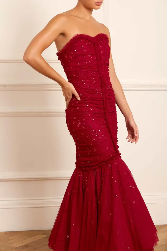 Scatter Sequin Strapless Ankle Gown Red Women Needle and Thread Dresses