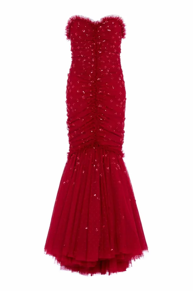 Scatter Sequin Strapless Ankle Gown Red Women Needle and Thread Dresses
