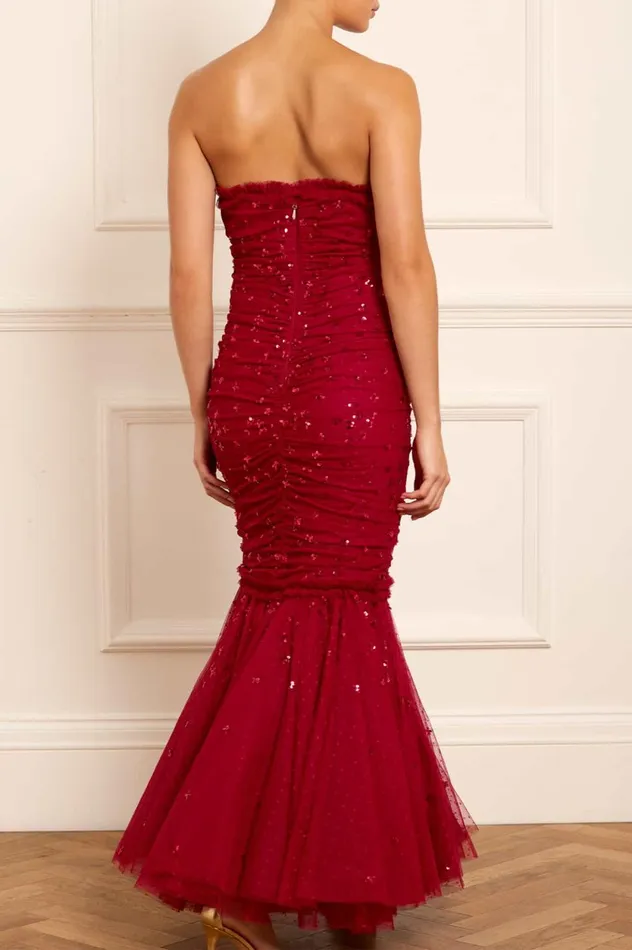 Scatter Sequin Strapless Ankle Gown Red Women Needle and Thread Dresses