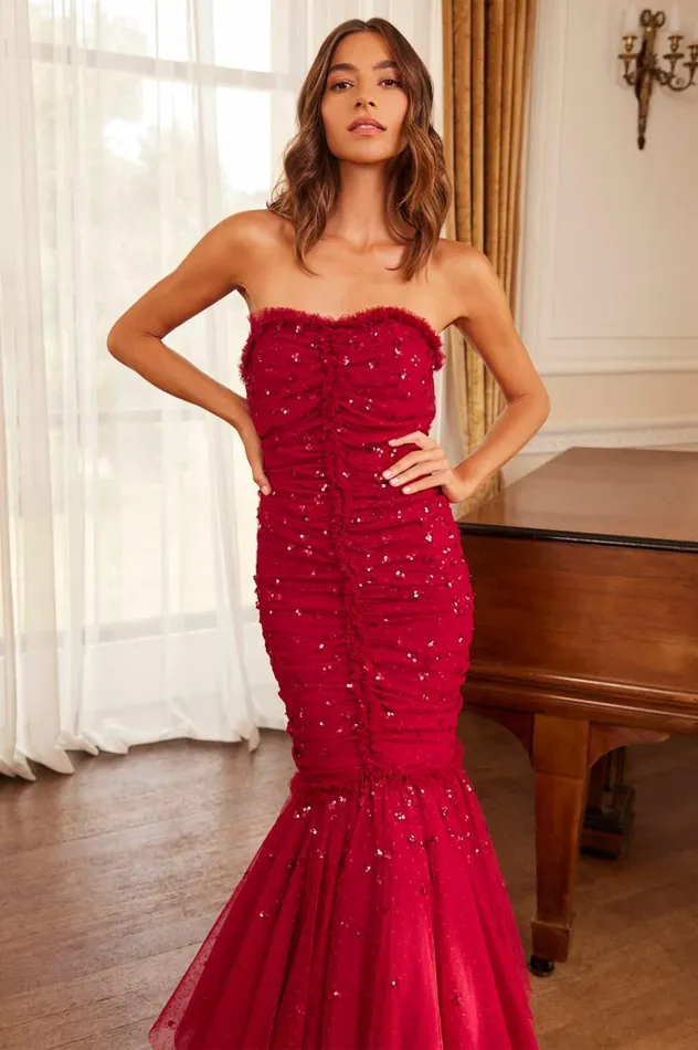 Scatter Sequin Strapless Ankle Gown Red Women Needle and Thread Dresses