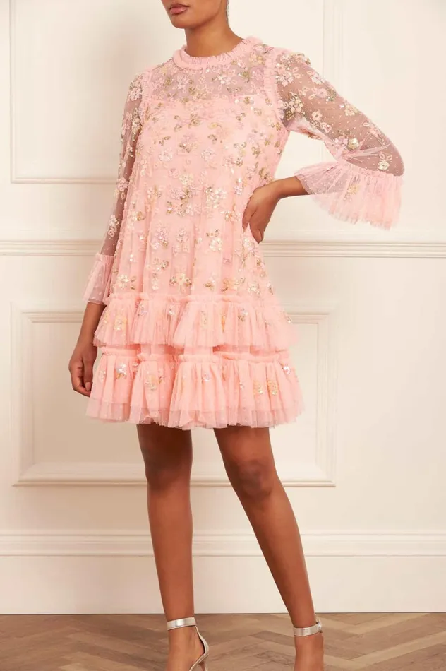 Sequin Bloom Gloss Mini Dress Coral Women Needle and Thread Dresses