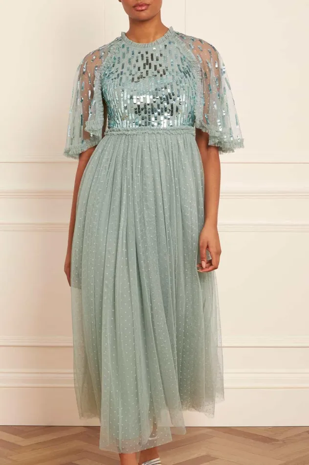 Sequin Dash Bodice Ankle Gown Green Women Needle and Thread Dresses