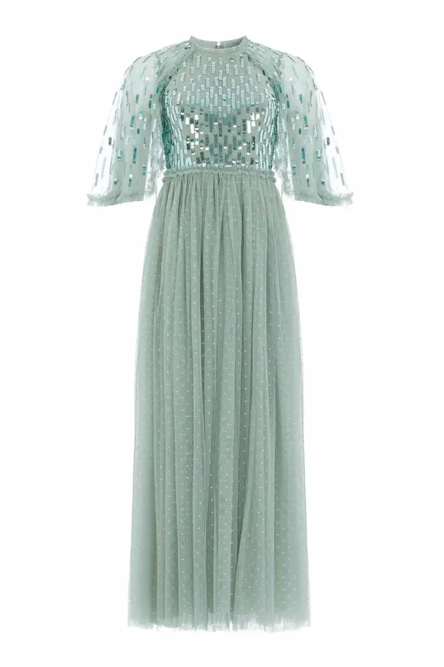 Sequin Dash Bodice Ankle Gown Green Women Needle and Thread Dresses