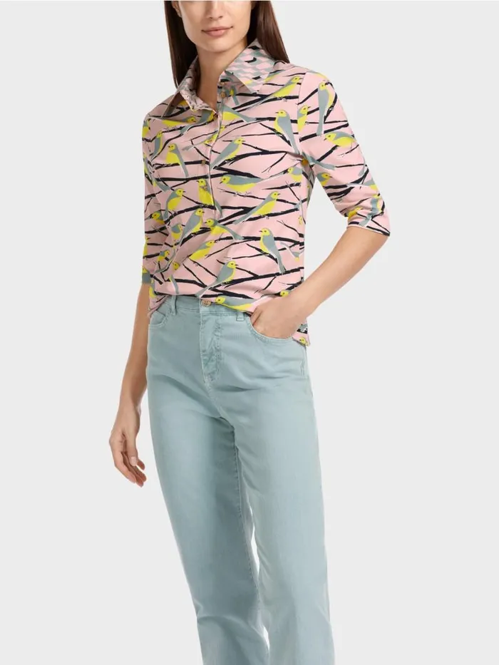 Shirts and Tops Damen Marc Cain PoloShirt Im VogelDessin Soft Powder Pink